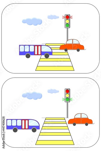 Traffic sign on the road.  Car movement. Vector flat illustration.