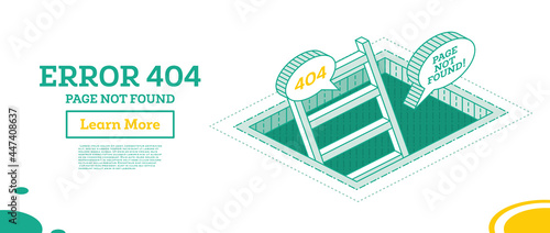 404 Error Web Page Concept. Isometric Stairs in Pit Isolated on White. Ladder in Hole.