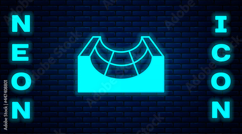 Glowing neon Skate park icon isolated on brick wall background. Set of ramp, roller, stairs for a skatepark. Extreme sport. Vector