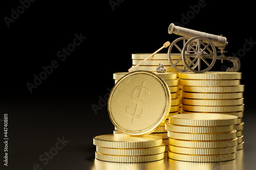 The rusty old cannon had cannonballs placed beside it and was set on top of stacked gold coins in a dark black background. The concept of attacking business competitors. 3D illustration rendering.