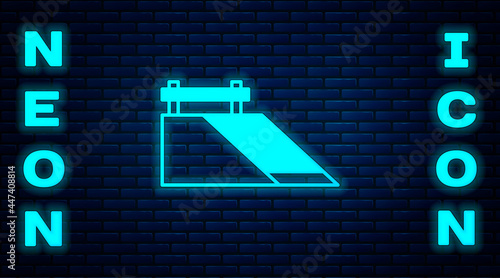 Glowing neon Skate park icon isolated on brick wall background. Set of ramp, roller, stairs for a skatepark. Extreme sport. Vector