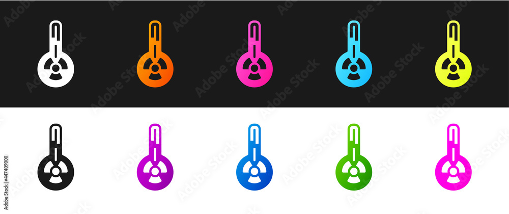 Set Meteorology thermometer measuring heat and cold icon isolated on black and white background. Thermometer equipment showing hot or cold weather. Vector Set Meteorology thermometer measuring heat and cold icon isolated on black and white background. Thermometer equipment showing hot or cold weather. Vector