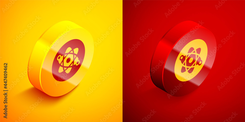 Isometric Atom icon isolated on orange and red background. Symbol of science, education, nuclear physics, scientific research. Circle button. Vector Isometric Atom icon isolated on orange and red background. Symbol of science, education, nuclear physics, scientific research. Circle button. Vector
