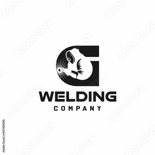 Letter G welding logo, welder silhouette working with weld helmet in simple and modern design style art