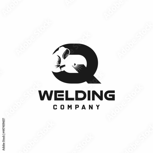 Letter Q welding logo, welder silhouette working with weld helmet in simple and modern design style art