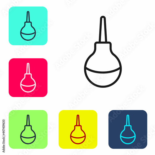 Black line Enema icon isolated on white background. Enema with a plastic tip. Medical pear. Set icons in color square buttons. Vector