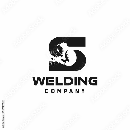 Letter S welding logo, welder silhouette working with weld helmet in simple and modern design style art