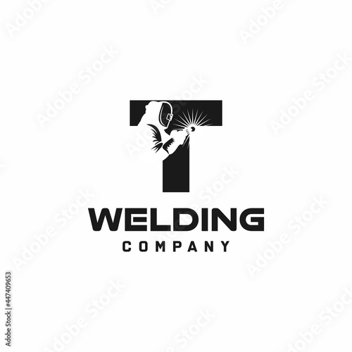 Letter T welding logo, welder silhouette working with weld helmet in simple and modern design style art