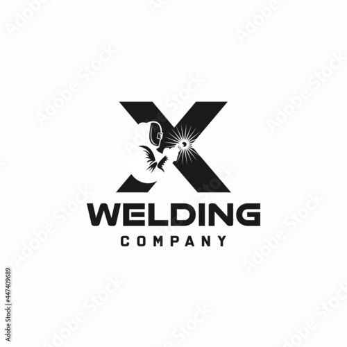 Letter X welding logo, welder silhouette working with weld helmet in simple and modern design style art