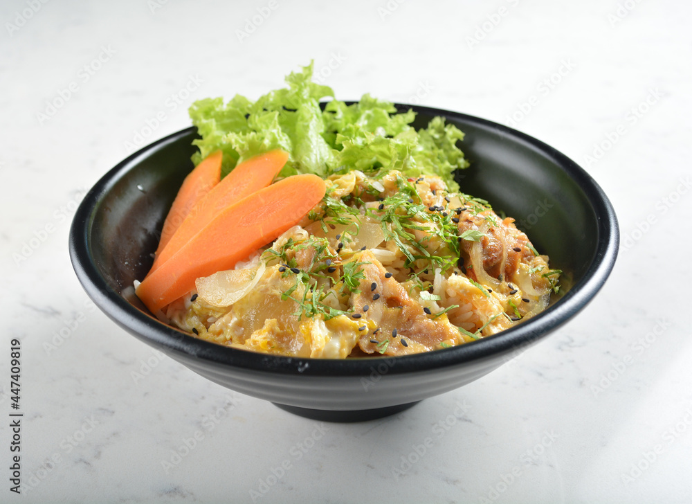japanese oyakodon chicken rice bowl with salad in black bowl in white marble healthy poke bowl menu japanese oyakodon chicken rice bowl with salad in black bowl in white marble healthy poke bowl menu