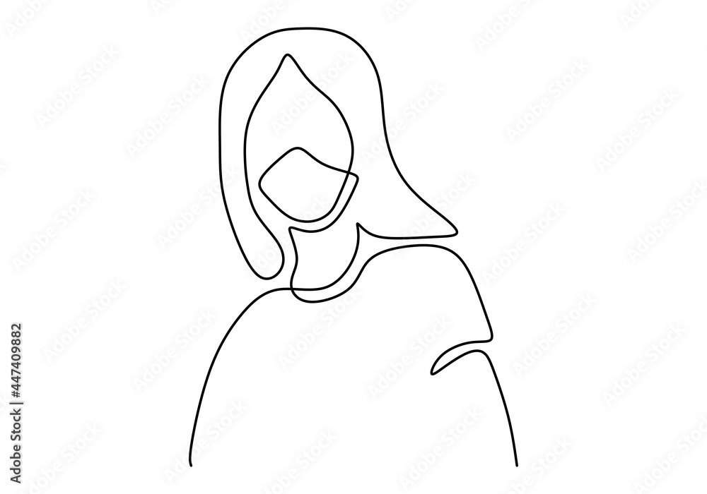 A young woman wearing medical masks to prevent disease, flu, air pollution, contaminated air, world pollution in one line drawing. Against COVID-19 concept. Vector illustration A young woman wearing medical masks to prevent disease, flu, air pollution, contaminated air, world pollution in one line drawing. Against COVID-19 concept. Vector illustration