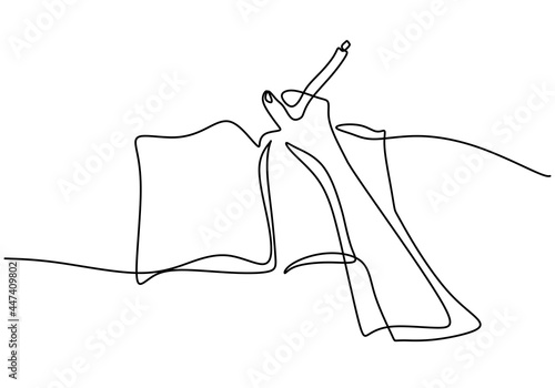 Single continuous line drawing of hand gesture writing on an open book on the desk. Writing home work or draft business. College student study desk concept. Vector illustration on white background
