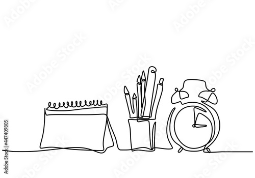 One continuous line drawing of alarm clock with book, pencil, pen, ruler, calendar, note on the desk. Back to school minimalist style. Education concept line draw graphic design vector illustration