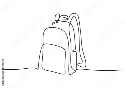 Backpack in continuous line drawing style. Rucksack black line sketch on white background. School bag for kindergarten student. Back to school, education concept. Vector illustration