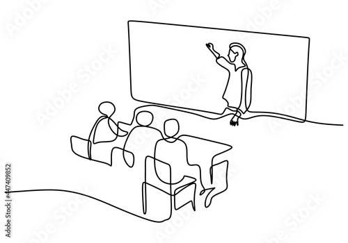 Continuous one line drawing of a teacher explaining student at classroom. The concept of back to school. Study education hand drawn line art minimalism design. Vector illustration