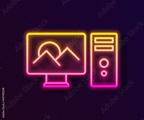 Glowing neon line Photo retouching icon isolated on black background. Photographer, photography, retouch icon. Vector