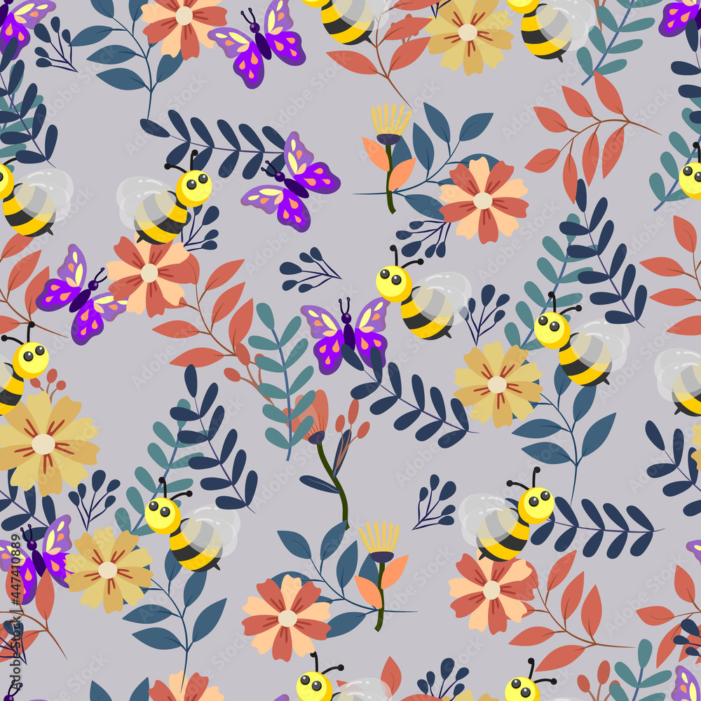 Obraz premium flower leaf with bee and butterfly