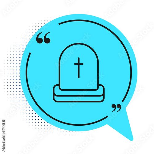Black line Tombstone with RIP written on it icon isolated on white background. Grave icon. Happy Halloween party. Blue speech bubble symbol. Vector