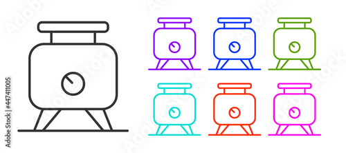 Black line Metal tank with grape juice as alcoholic fermentation icon isolated on white background. Set icons colorful. Vector
