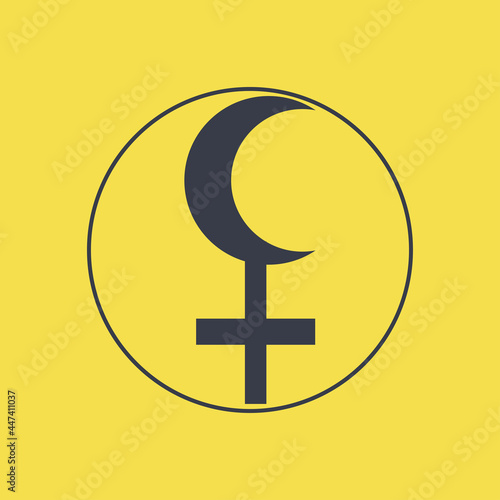 Lilith Black Moon sign icon. False mock moon, demon goddess. Protective amulet for witches. Apogee point of lunar orbit, empty focus. Vector illustration on a yellow background with dark blue lines