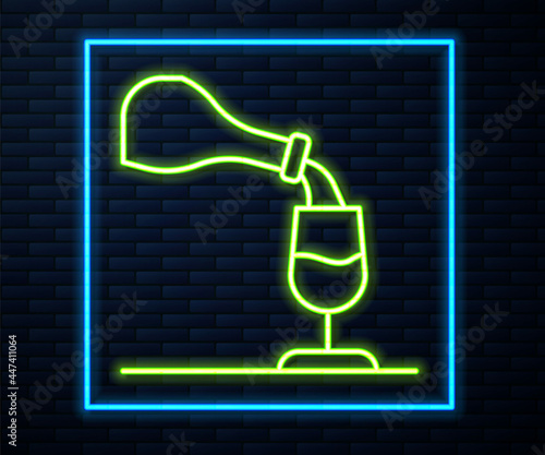 Glowing neon line Wine tasting, degustation icon isolated on brick wall background. Sommelier. Smells of wine. Vector