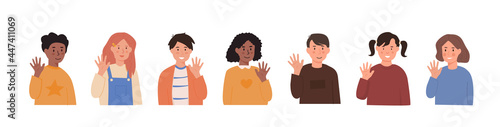 Vector set of children waving hands. Smiling little kids in greeting gesture. Collection of boys and girls raising hands saying hi or bye. Elementary school students or kindergarten pupils characters.