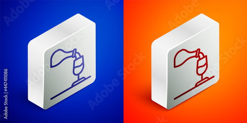 Isometric line Wine tasting, degustation icon isolated on blue and orange background. Sommelier. Smells of wine. Silver square button. Vector