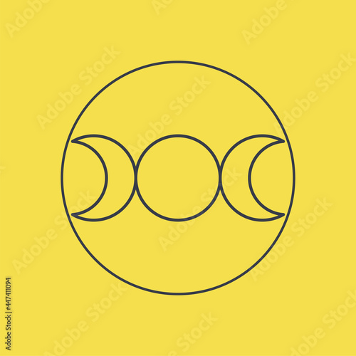 Triple moon sign icon. Тhe symbol of witchcraft and magic. The concept of the Triple Goddess: maiden, mother and old woman. Vector illustration on a yellow background with dark blue lines
