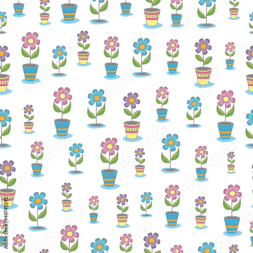 Fototapeta Naklejka Na Ścianę i Meble -  Seamless texture. Colorful bright flowers in pots. For textiles, fabrics, backgrounds, wrapping paper, wallpaper.