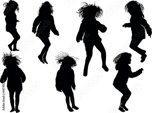 seven small girl silhouettes group on white