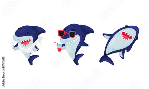 Blue Toothy Cartoon Shark Drinking Cocktail and Dining Vector Set