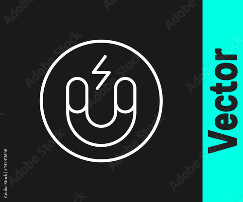 White line Magnet icon isolated on black background. Horseshoe magnet, magnetism, magnetize, attraction. Vector