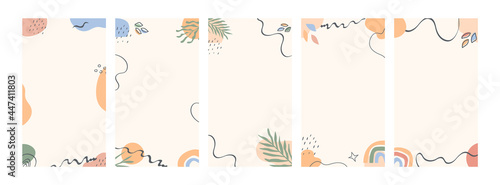 Abstract tropical boho backgrounds for social media. Set of plants and geometric shapes for stories, banners. Collection of vector flat style minimal posters with copy space for text.