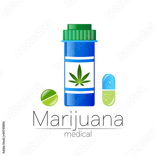 Medical cannabis symbol in vector. Logotype for marijuana, nature herbal medicine, therapy, doctors and store, business. Isolated on white background. Blue and green color. Pill and tablet health care
