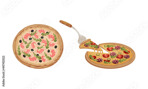 Traditional Italian Pizza of Round Shape with Shrimp and Salami Vector Set