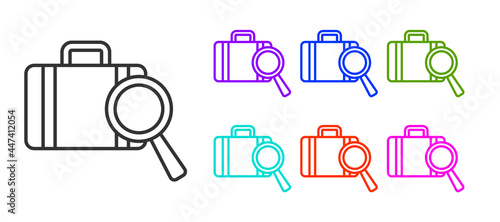 Black line Airline service of finding lost baggage icon isolated on white background. Search luggage. Set icons colorful. Vector