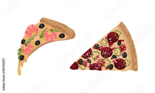 Traditional Italian Pizza of Round Shape with Salami and Shrimp Vector Set