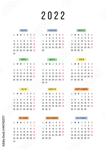 Spanish calendar 2022 year. Vector stationery calendar week starts Monday. Yearly organizer. Simple calendar template in minimal design. Business illustration.