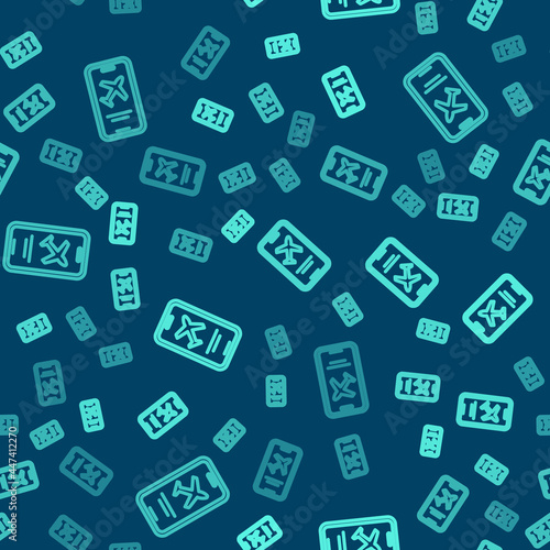 Green line Smartphone with electronic boarding pass airline ticket icon isolated seamless pattern on blue background. Passenger plane mobile ticket for web and app. Vector