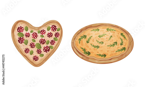 Traditional Italian Shaped Pizza with Salami and Cheese Vector Set