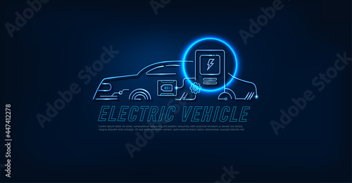 Outline neon EV Electric vehicle  banner web icon for futuristic technology, Hybrid Electric, Battery Electric vehicle, Fuel Cell automobile and power supply with blue background