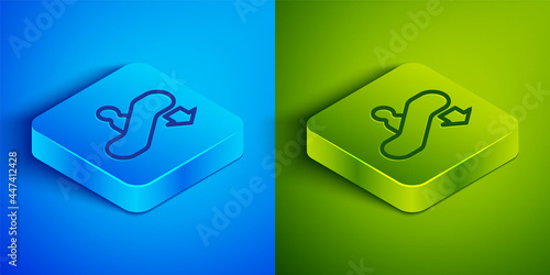 Isometric line Escalator down icon isolated on blue and green background. Square button. Vector