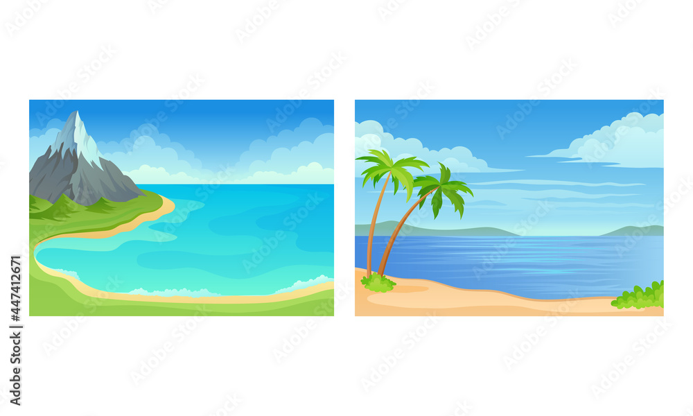Obraz premium Landscape Panorama View with Sea Shore and Palm Tree Vector Set