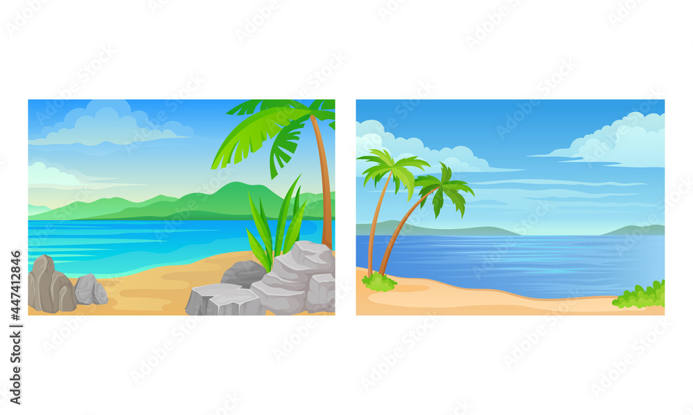 Obraz premium Landscape Panorama View with Sea Shore and Palm Tree Vector Set