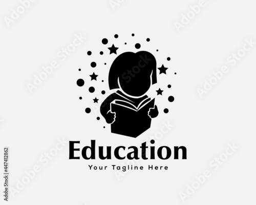 seriously child reading book for reach dream logo template illustration inspiration