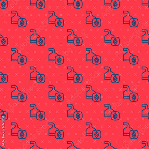 Blue line Traditional brewing vessels in brewery icon isolated seamless pattern on red background. Beer brewing process. Distillery plant, brewery. Vector