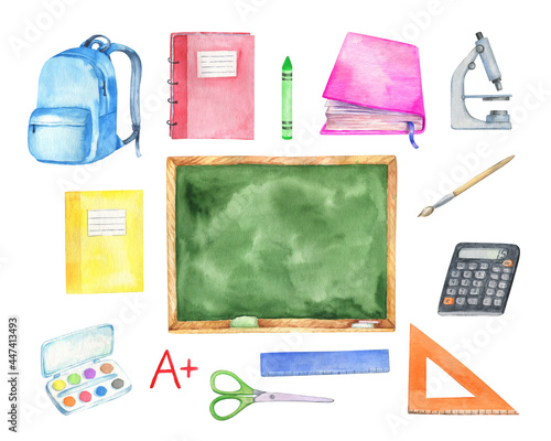 Watercolor illustration school study school supplies set