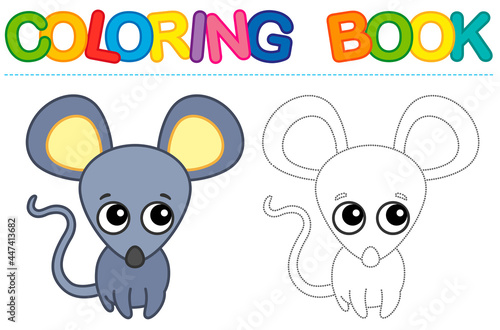 Coloring page funny grey home mouse. Educational tracing coloring book for childrens activity