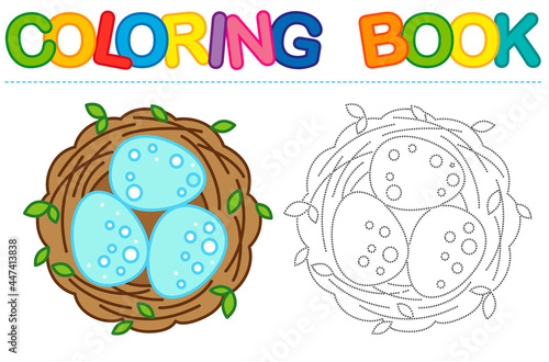 Coloring page nest with eggs. Educational tracing coloring book for childrens activity