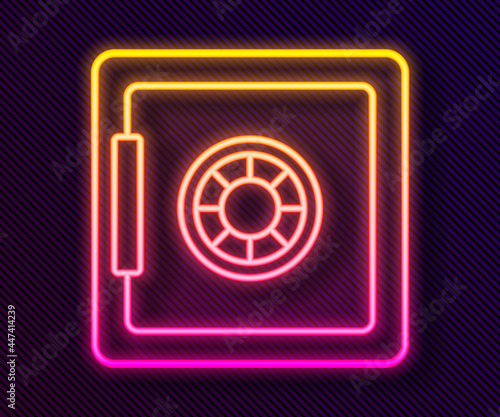 Glowing neon line Safe icon isolated on black background. The door safe a bank vault with a combination lock. Reliable Data Protection. Vector